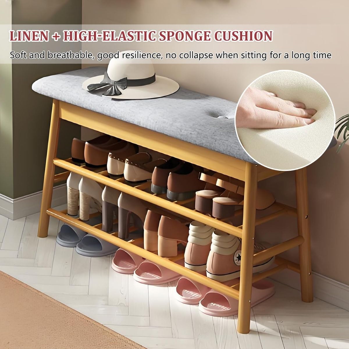 Colourtree 28" Shoe Rack Bench, Bamboo Entryway Bench, Organizer with 2 Tier Storage, Simple Style, Good Load Bearing, Ideal for Entryway Hallway Living Room