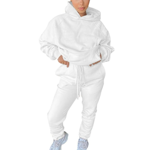 Prolriy Sweatsuits for Women Ladies' Solid Color Sweater Casual Suit Sportswear Long Sleeved Trousers Two Piece Set Womens 2 Piece Outfits White M
