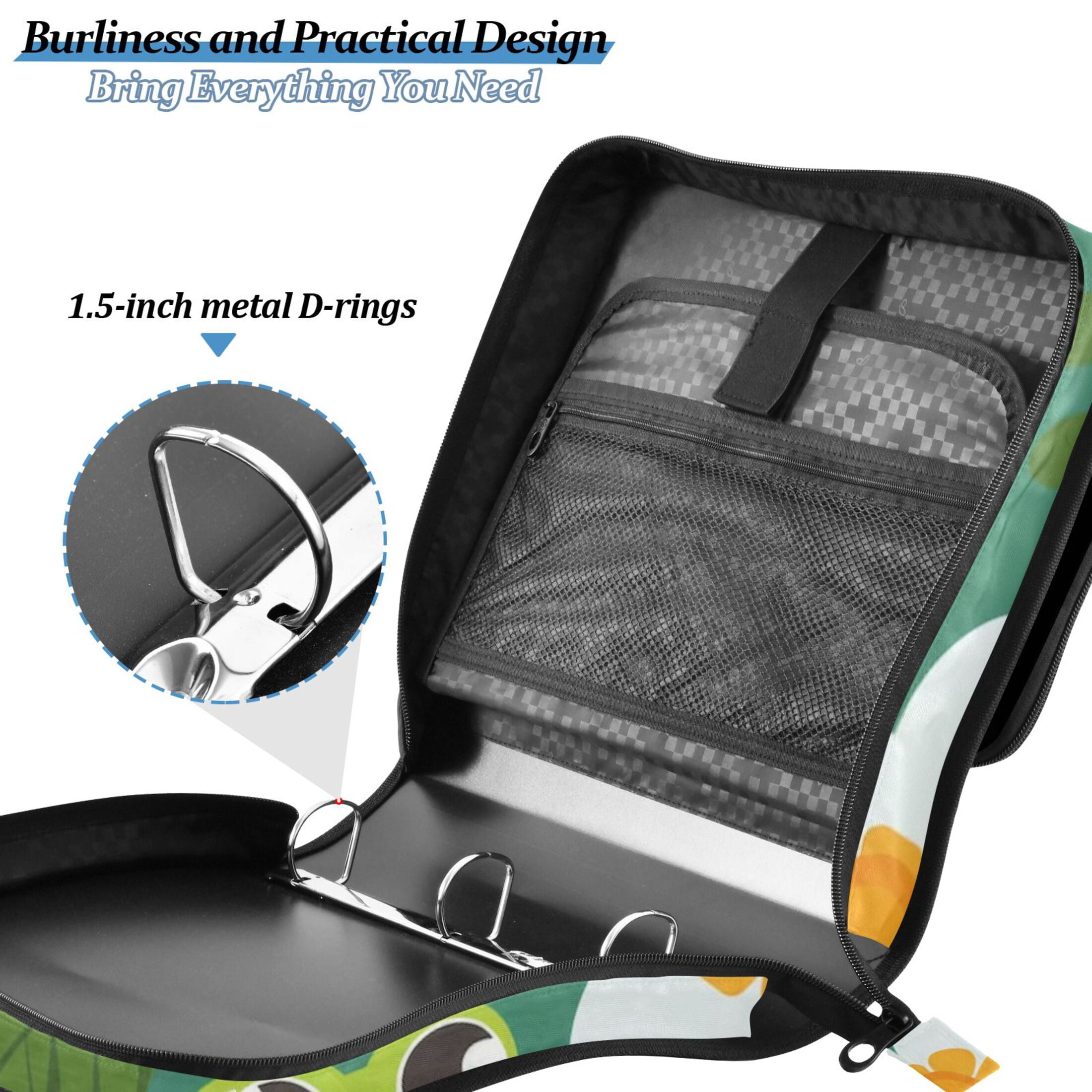 3 Ring Zipper Binder with Shoulder Strap Waterproof Trapper Keeper 2 Inch D-Ring 500 Sheets Capacity Cute Frog Leaf Flower