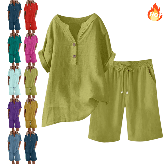 Mifsaly Linen Set Women Two Piece Summer Sets Plus Size Vacation Lounge Matching Outfits V-Neck Short Sleeve Tops & Wide Leg Shorts with Pockets M