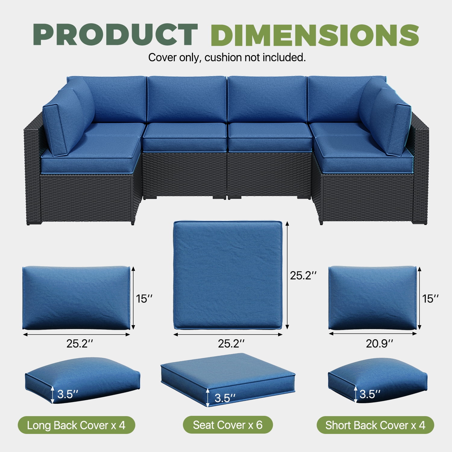 BaPiPro 14 Pack Navy Blue Outdoor Patio Sofa Cushion Replacement Covers, Fade‑Proof, Waterproof & Zippered, Wear‑Resistant, Stain‑Resistant Easy‑to‑Clean Slipcovers for Rattan Sectional Furniture