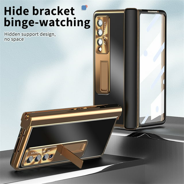 for Samsung Galaxy Z Fold 3 5G 2021 6.7 inch Rugged Case, Aluminium Alloy Built-in Screen Flim Camera Lens Protector Hidden Kickstand Shockproof Case Cover for ZFold 3,Gold