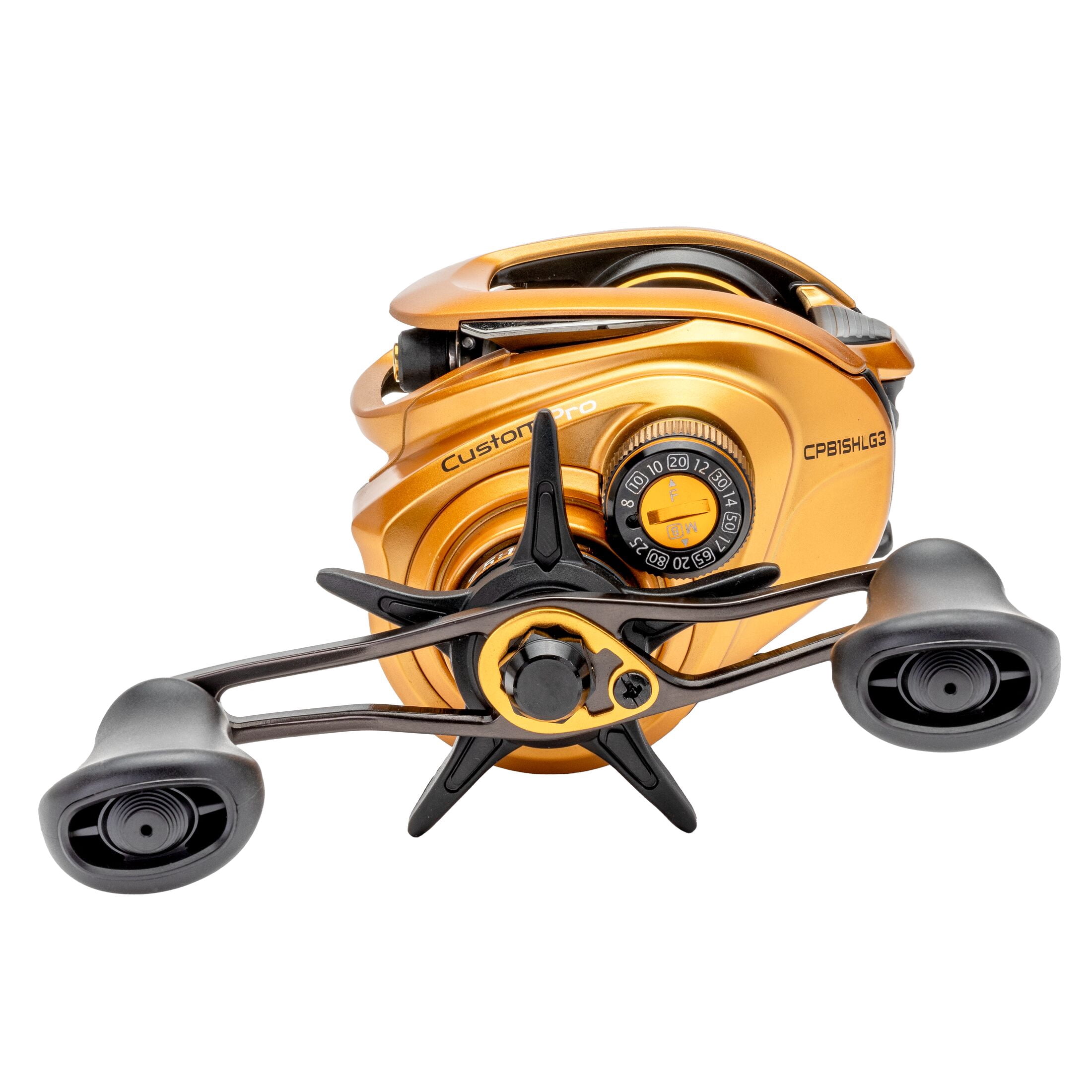 Lew’s Custom Pro Baitcast Fishing Reel, 10+1 Bearings, 7.5:1 Gear Ratio, Aluminum Frame and Sideplate, ParaMag ITB Brake, Aluminum Speed Gears, Carbon Fiber Drag, Left-Hand Retrieve, Gold/Black