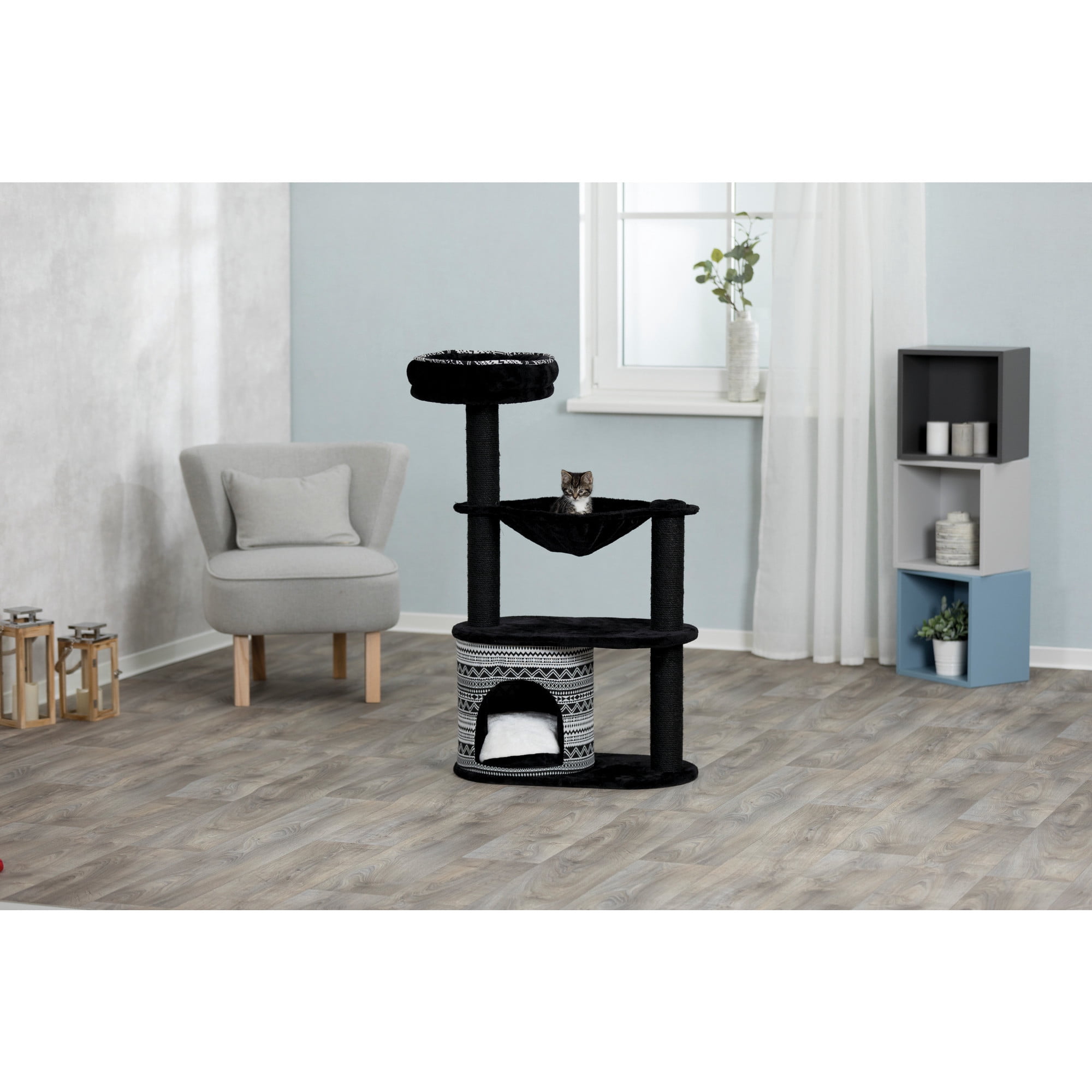 TRIXIE Giada Plush & Sisal 4-Level 44" Cat Tree with Scratching Posts, Condo & Hammock, Black