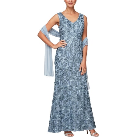 Alex Evenings Womens Rosette Full Length Evening Dress