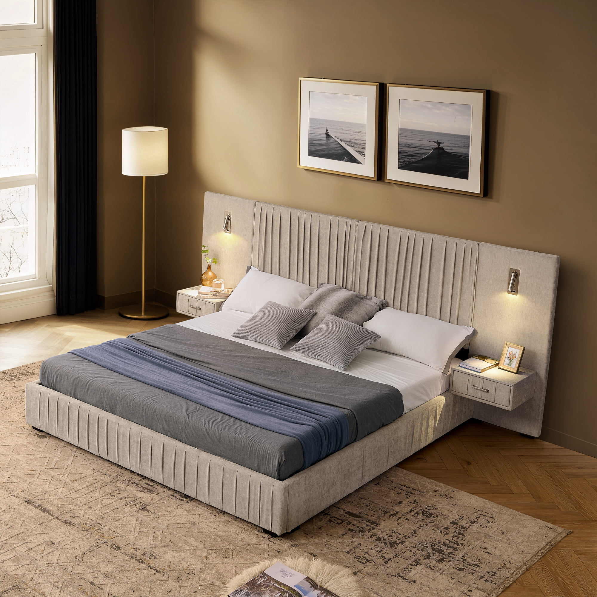 LiviNest Queen Upholstered Bed Frame: Platform Bed with Headboard & Built-in Nightstands - Integrated Adjustable Reading Lamps & Storage for Small Apartments & Modern Bedrooms