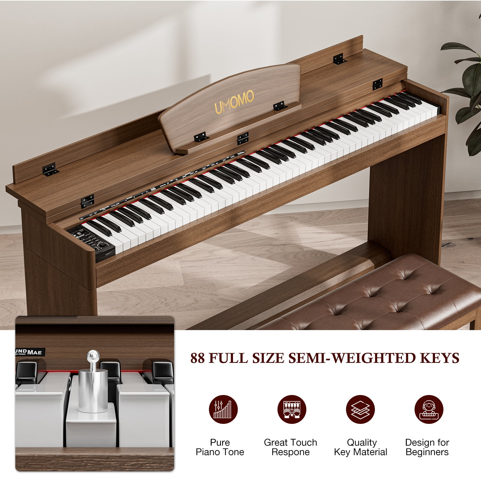 UMOMO 88 Key Digital Piano Keyboard with Piano Bench, Full Size Electric Piano with Piano Stand, Headphone Jack, 3 Pedal, Electronic Piano for Beginner, Adults, Brown