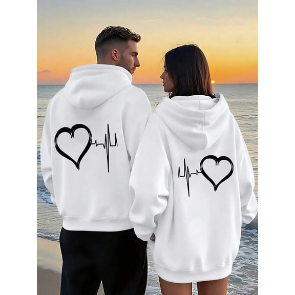 Matching Couple Hoodies, Heartbeat Love Graphic Black Pullover, Valentine's Day & Anniversary Gifts For Him And Her
