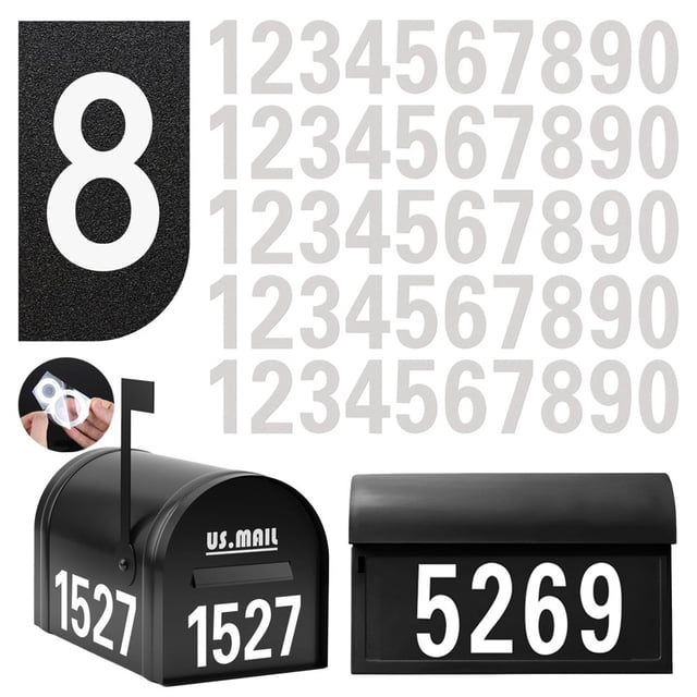 Estbridge 5 Sets Reflective Mailbox Numbers Stickers for Outdoor Easy Installation with Prolonged Backing for and Pre-cut 4” Self Adhesive White Vinyl Address for House Address Sign Win