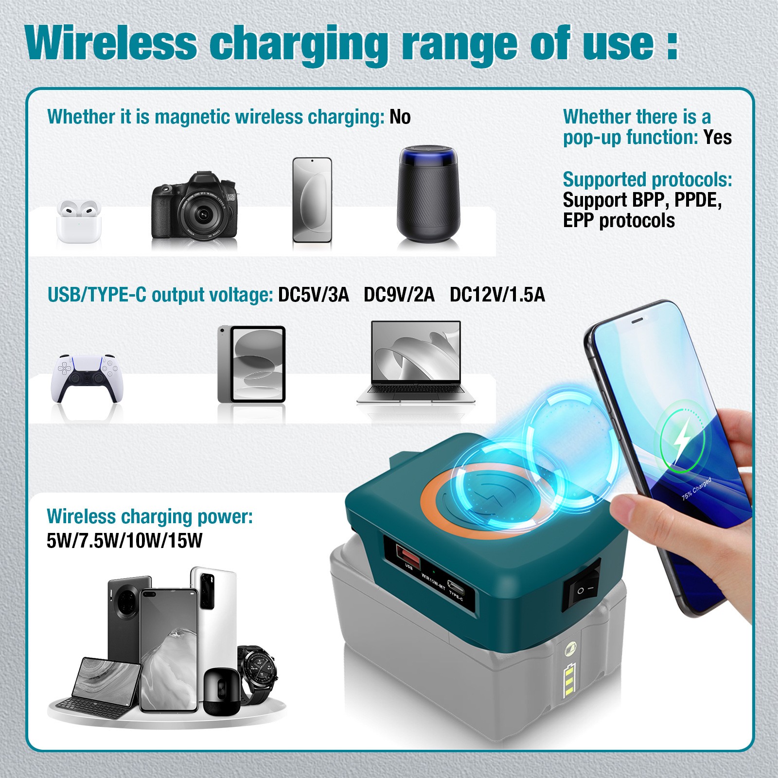 yaaqii 15W Mobile Phone Wireless Charger Adapter for BL1830 BL1815 BL1840 18V Battery