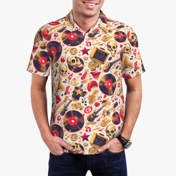 Balery gold Skull Guitar record Camisa Polo de Hombre con Estampado, de Manga Corta y Tejido Medio, Camisa Tipo Golf Polo-Medium