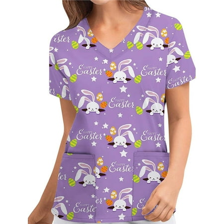 

Bebiullo Easter Scrub Tops for Women Eggs Bunny Print V Neck Short Sleeve Medical Scrub Shirts Top Working Uniform Wear with Pockets Purple XL