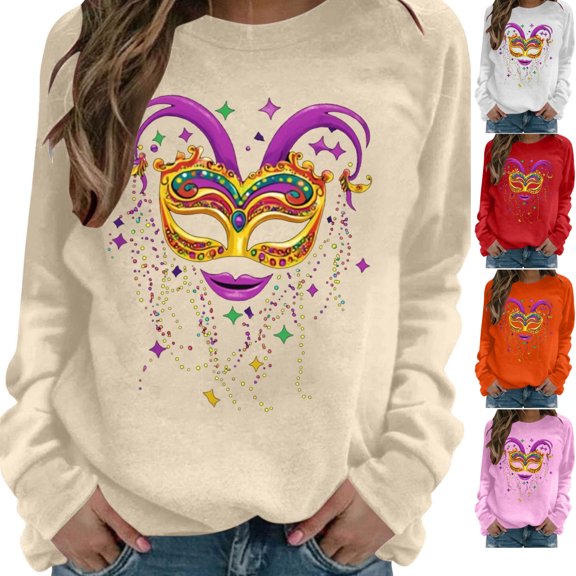 LEKWK Mardi Gras Shirts Mask Graphic Print Crew Neck Long Sleeve Graphic Tees Sparkly Details Casual Party Trendy Tops Outfits