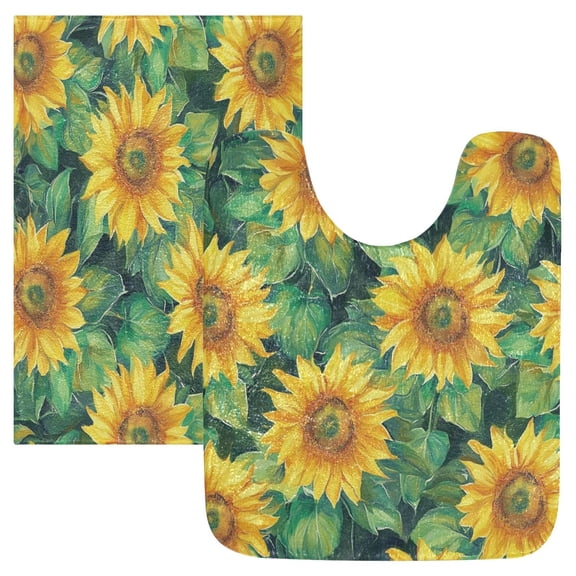 2 Piece Soft Bathroom Rug Set Pattern Of Sunflowers Bath Mat and U-Shaped Toilet Contour Rug (16"x24" 20"x24")