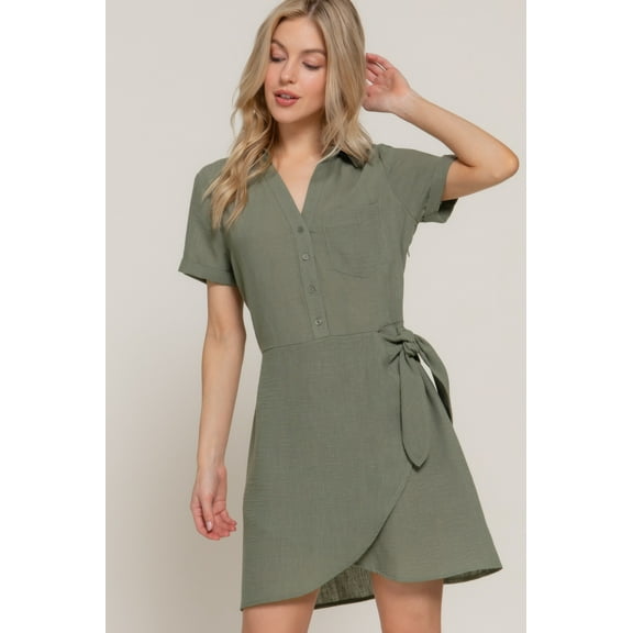 Button Down Side Bow Linen Effect Mini Dress