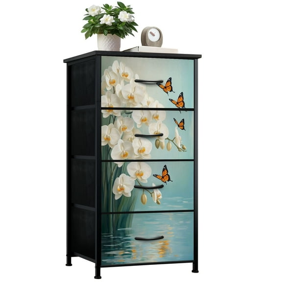 Boho Dresser for Bedroom with 4 Storage Drawers Butterfly Teal White Flower Modern Orchids Butterflies Water Light Dressers Chest of Drawers Steel Framed Fabric Closet Organizers for Entryway