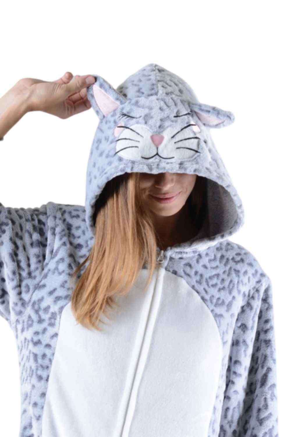 Women's Plush Animal Onesie Pajama, Grey Leopard, ML