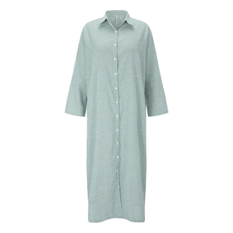 kamemir Women's Casual Long Sleeve Button Down Loose Striped Cotton Maxi Shirt  Dress(Green,XXL) - Walmart.com