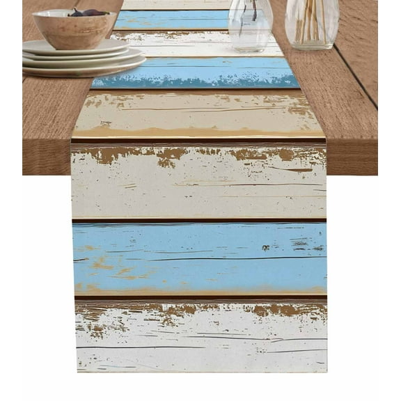Vintage Blue Brown Burlap Cotton Table Runner 13x70 Inches Long, Retro Country Shabby Wood Grain Farmhouse Table Runners, Outdoor Dining Tablecloths Decor for Baby Shower/Party/Wedding