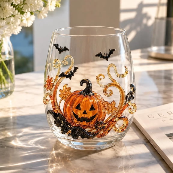 Halloween 3D Artisan Glassware Stemless Decorative Drinking Glass with Raised Pumpkin Ghost Black Cat, Spooky Bar Glasses for Party Home, 12oz