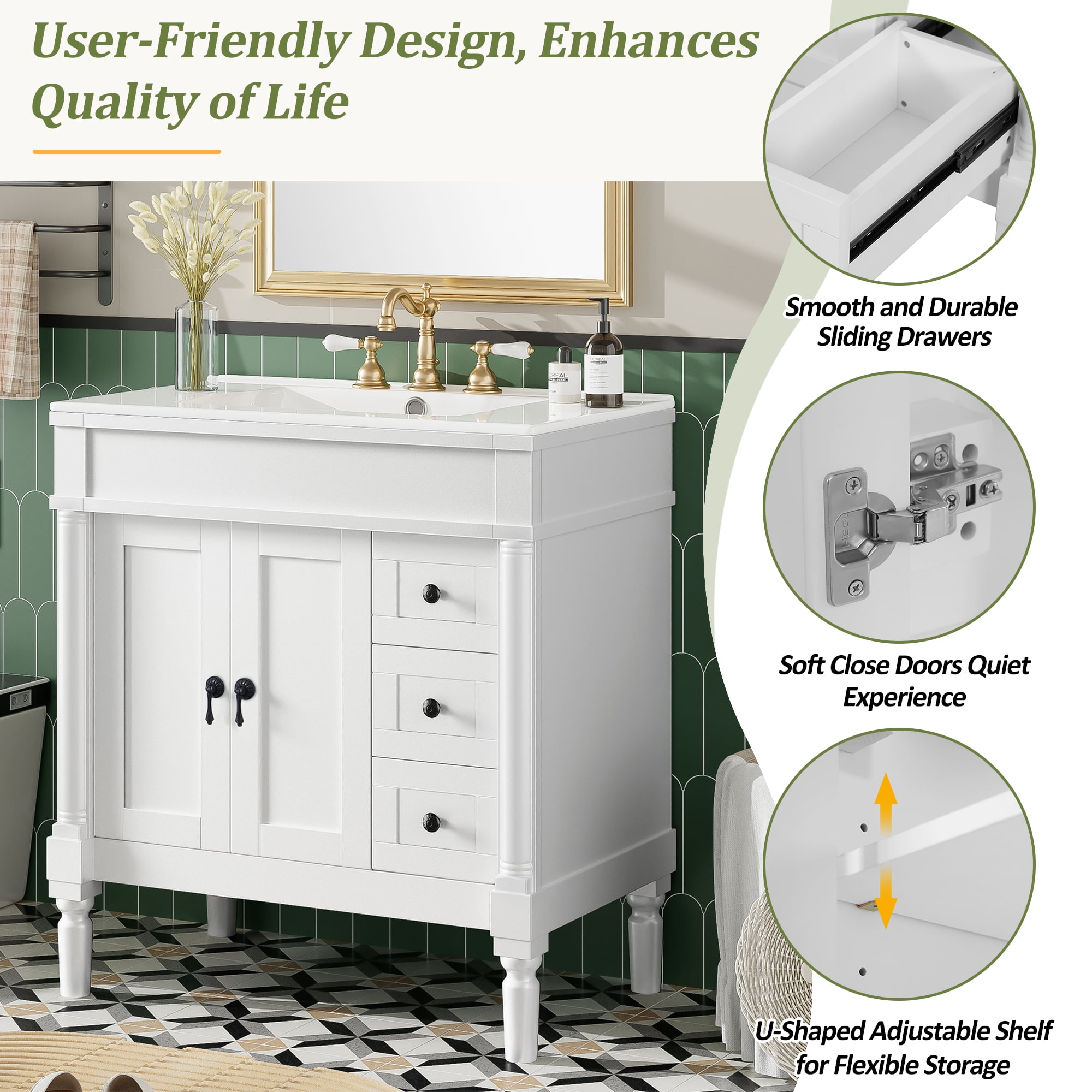 Euroco 30-Inch Modern Bathroom Vanity, Solid Wood Frame + MDF, 2 Doors 3 Drawers, Soft-Close Design, U-Shaped Adjustable Shelf, Ceramic Sink, Bathroom Storage Cabinet Set