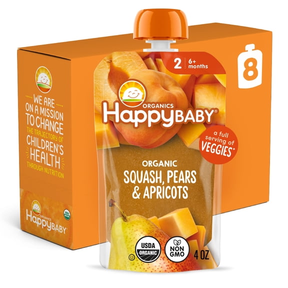 (8 Pouches) Happy Baby Clearly Crafted, Stage 2, Organic Baby Food, Squash, Pears & Apricots, 4oz