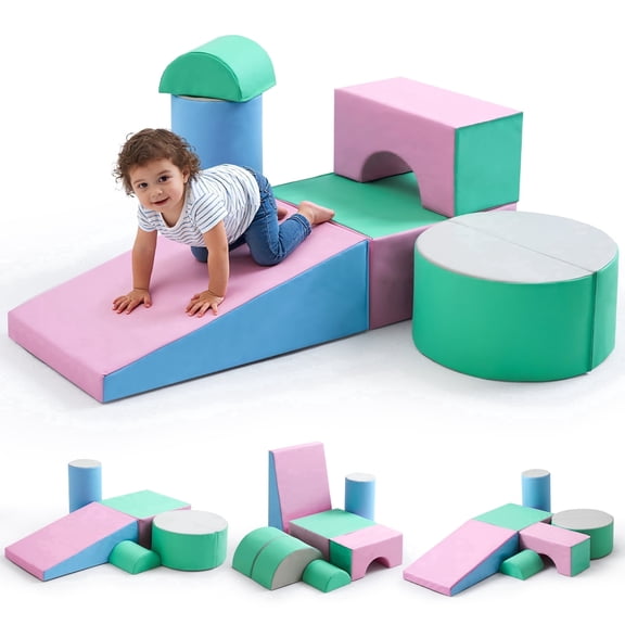 MFUN 6-Pieces Soft Climbing Toys for Toddlers PU Leather Gym Climb Playset Indoor Building Block Game Green Pink