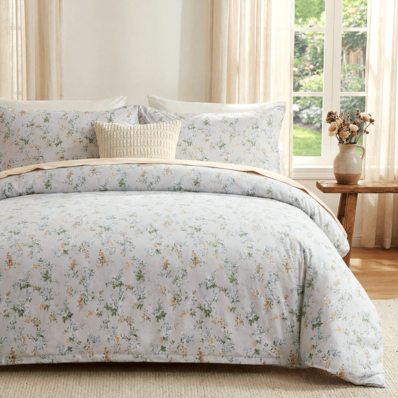 Floral Comforter 100% Cotton Bedding Set Green & Yellow Flowers Cotton Comforter Sets 3 Pcs Reversible Lightweight Bedding Sets for All Seasons