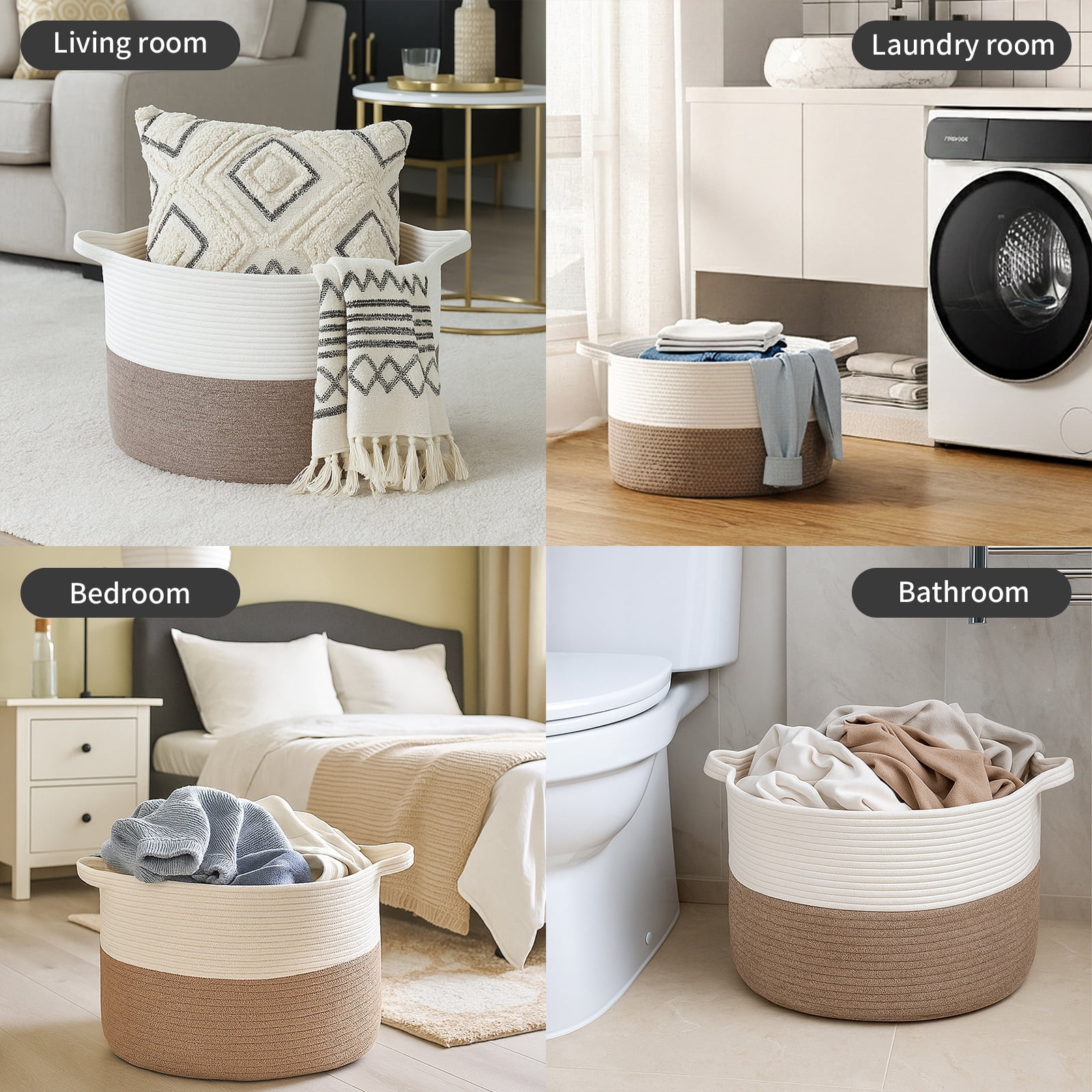PinkSheep Laundry Basket, 80L Collapsible Woven Cotton Rope Laundry Hamper Storage Baskets with Handles, Brown White