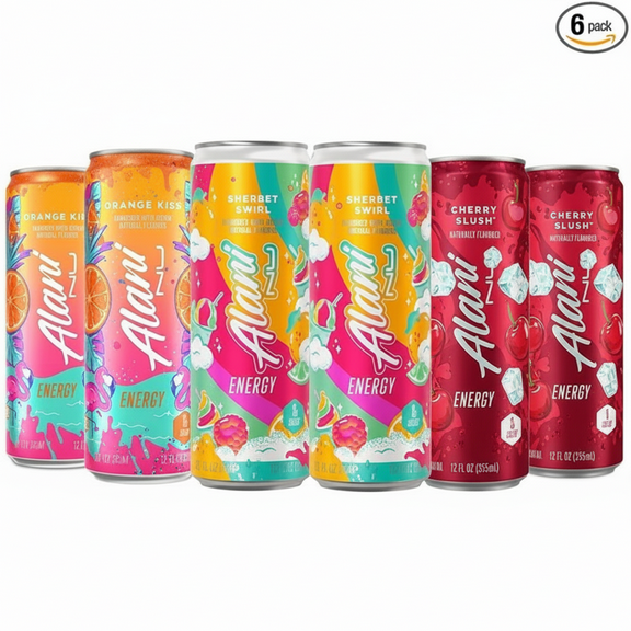 Alani Nu Energy Drinks Sherbet Swirl, Orange kiss, Cherry Slush Flavors Variety Pack Sugar-Free, Low-Calorie, 200mg Caffeine, Energy Boost Drink 12 fl oz (Pack of 6) by 4KIDSANDALL