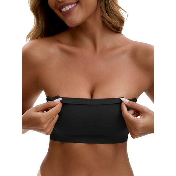 INSPIRE CHIC Women's Strapless Seamless Push Up Wirefree Padded Bandeau Non-Slip Silicone Tube Bras S Black