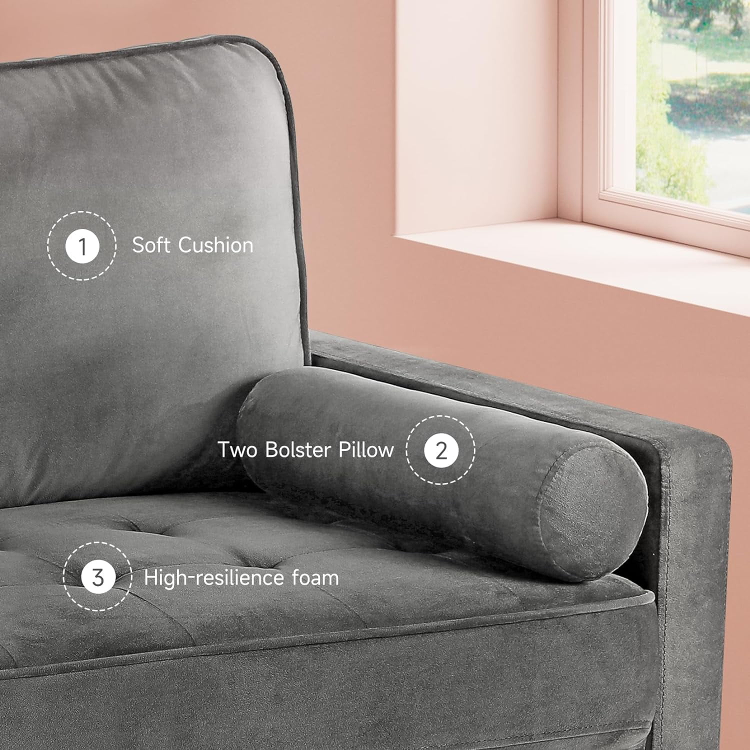 Neche 59" Velvet Spring Sofa Couch for Living Room, Office, Small Space, Solid Wood Leg, One Box, Gray