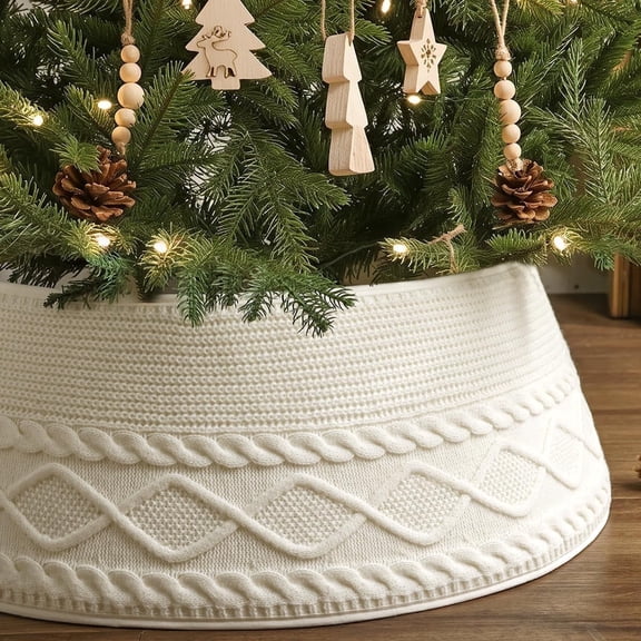TETOU 28In Knitted Christmas Tree Collar,Cream Farmhouse Rustic  Crossed Diamond Edge Christmas Tree Collars Tree Skirt for Christmas Tree Home Holiday Party Decoration