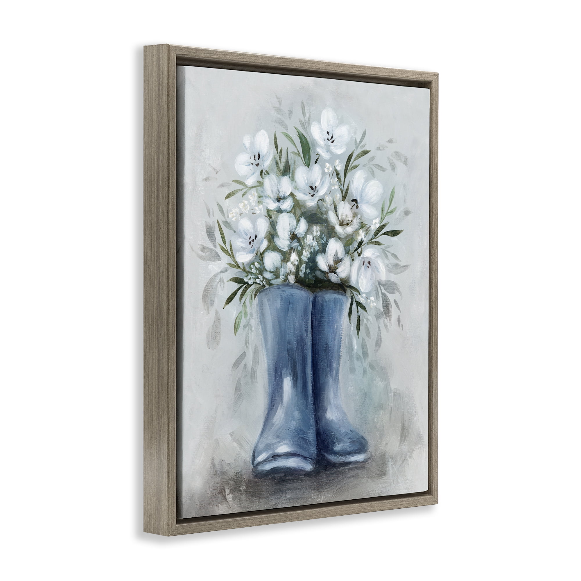 Stupell Industries Botanical Bouquet in Blue Boots Brown Framed Floater Canvas Wall Art, design by Kristen Brockmon