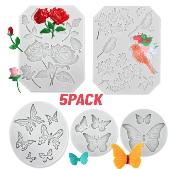 YangNengwen Silicone Molds for Crafts, 5 Pack Butterfly Rose Silicone Mold for Crafts, Multi-Use Fondant Molds, Polymer Clay Molds for Cake Decorating, Soap & Chocolate Making