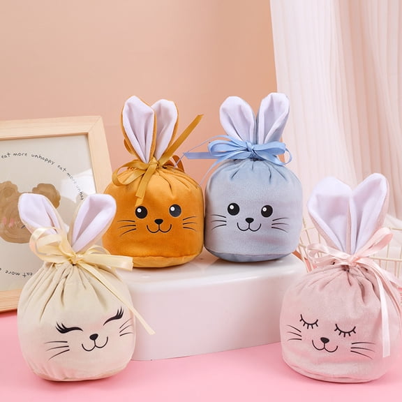 Twfbrm Easter Bunny Gift Bags, Velvet Rabbit Goodie Treat Bags with Drawstrings, Decorative Fabric Candy Pouches with Expression Pattern, Reusable Easter Wrapping Bag for Holiday Wedding Party Favors