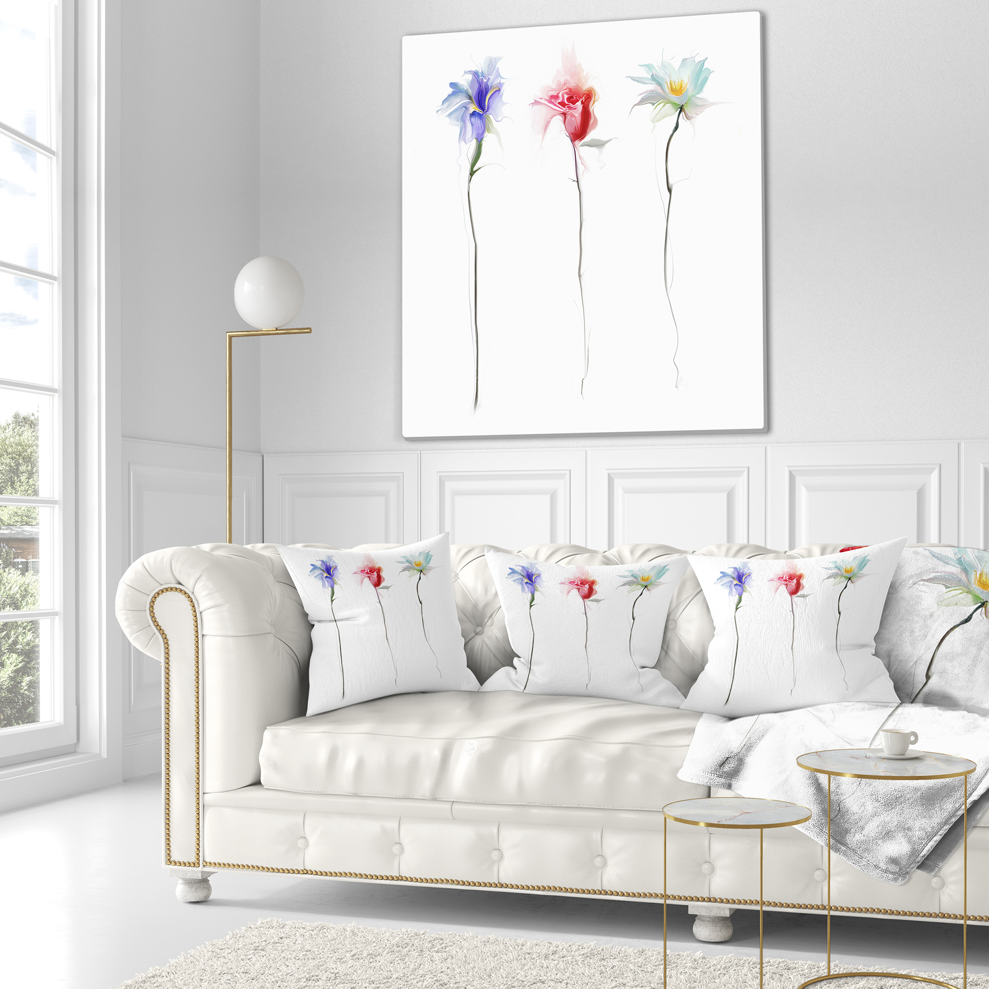 Designart Three Flowers - Floral Throw Pillow - 16x16