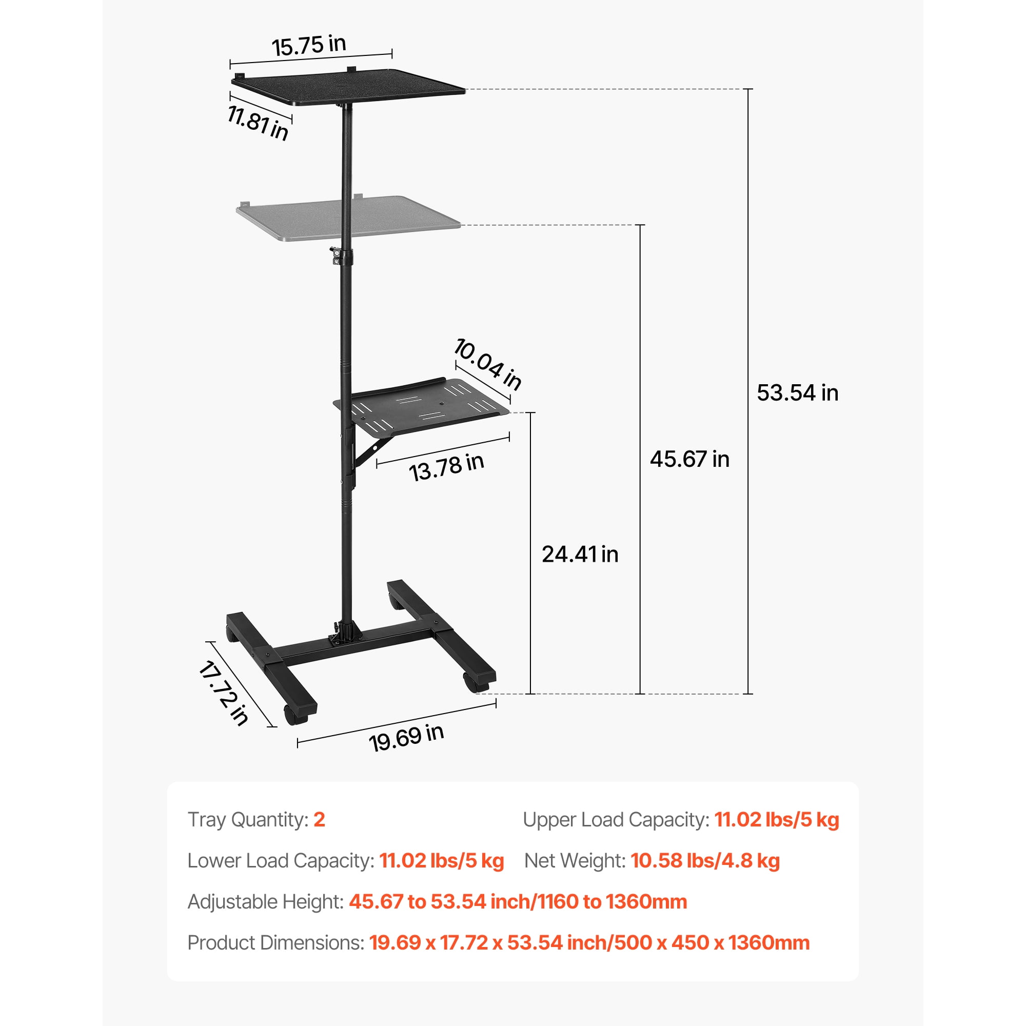 KFFKFF Adjustable Projector Stand with Dual Shelves, Height Range 33.86 to 53.54 Inches, Sturdy Tripod Design for Laptops, Projectors, and Presentations