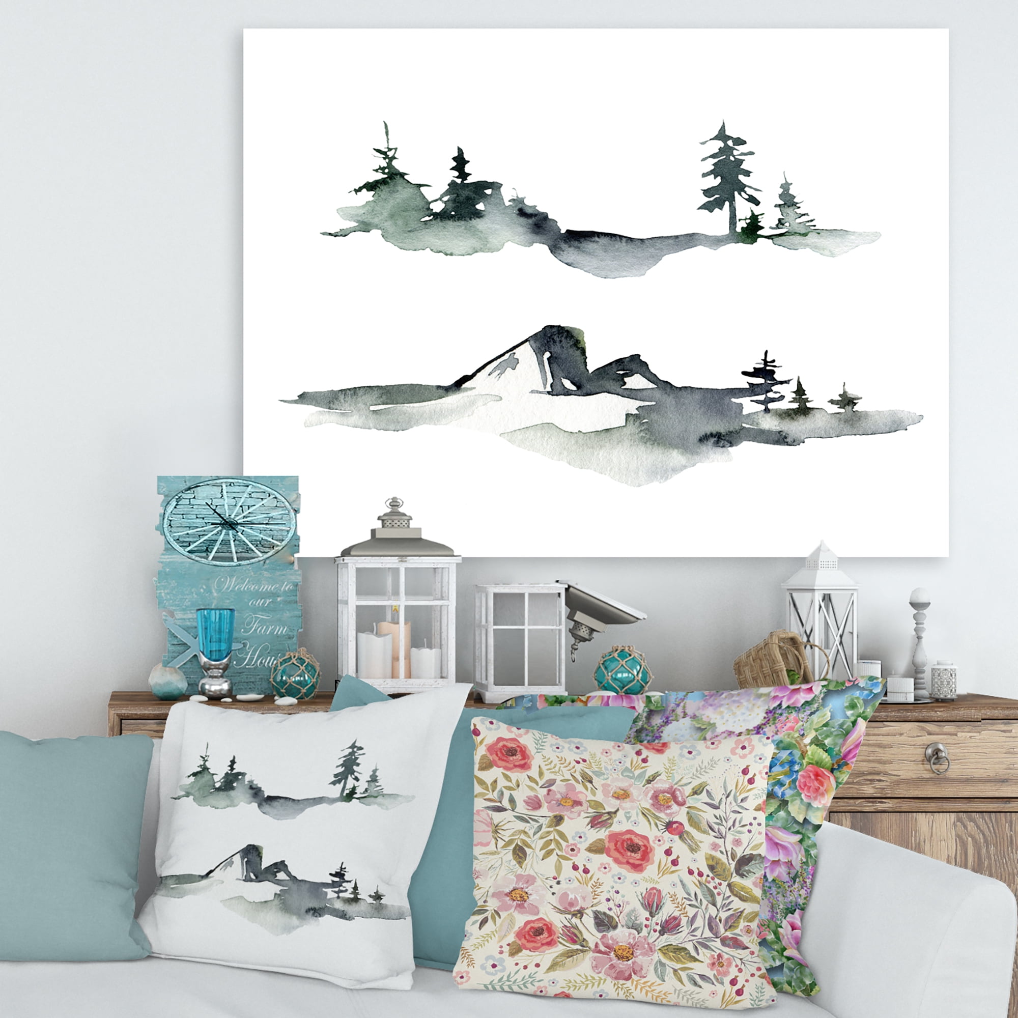 Designart ' Trees With Winter Dark Blue Mountain Landscape I ' Modern Canvas Wall Art Print