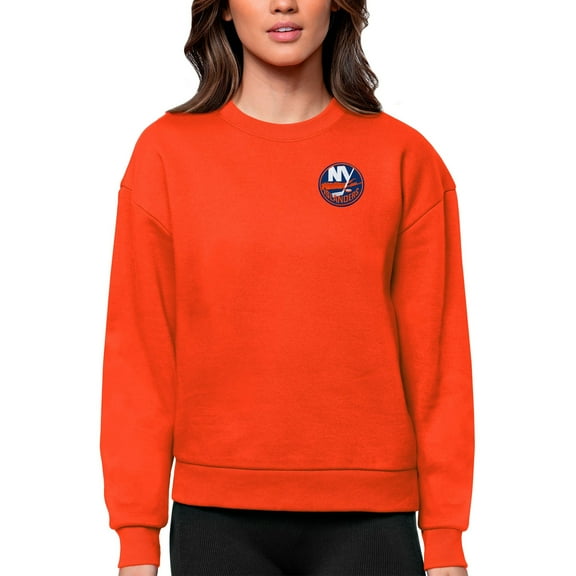 Women's Antigua Orange New York Islanders Primary Logo Victory Crewneck Pullover Sweatshirt