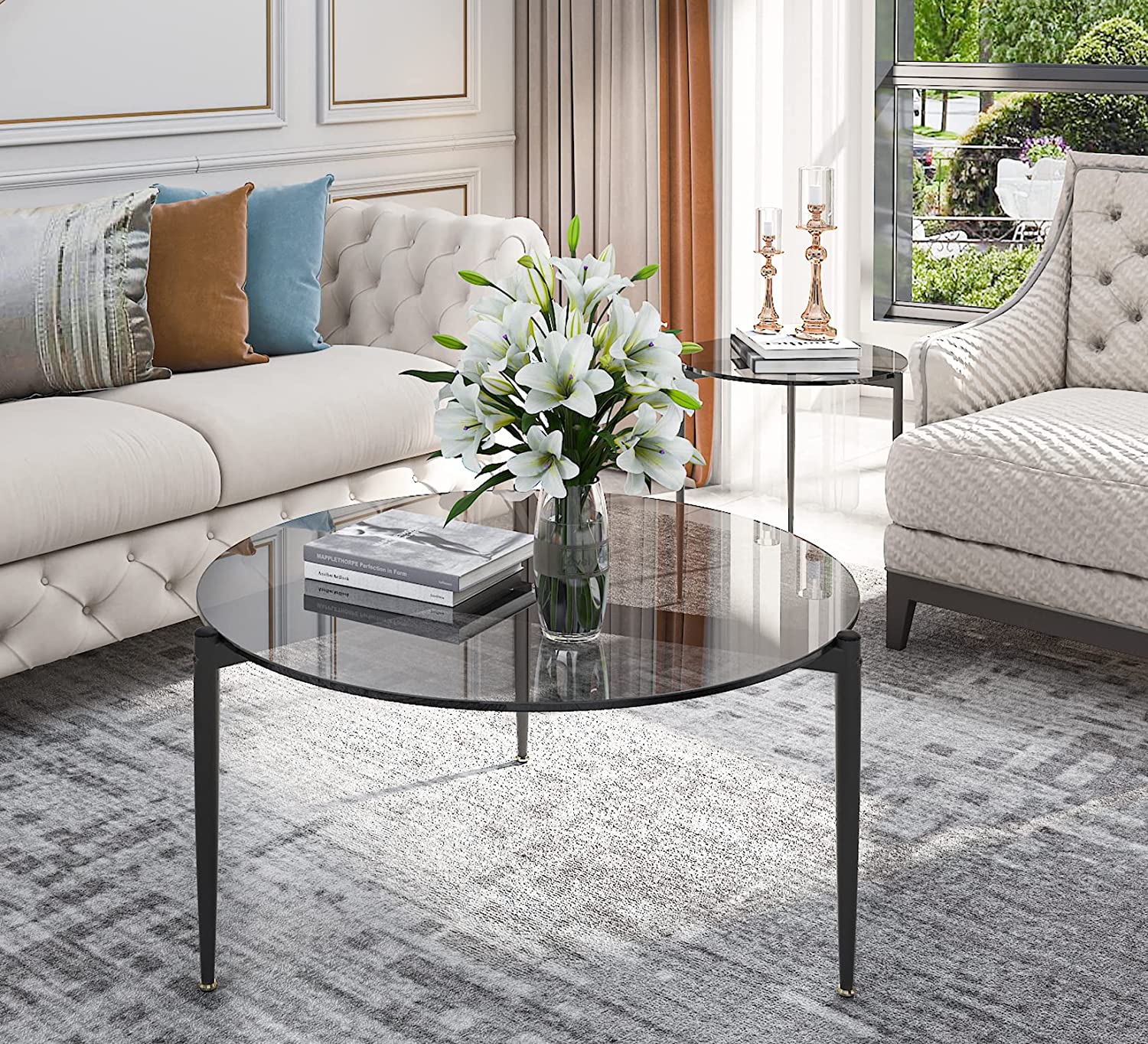 GUAIPOU Round Tempered Glass Table 31.5 inch Large Circle Top Storage