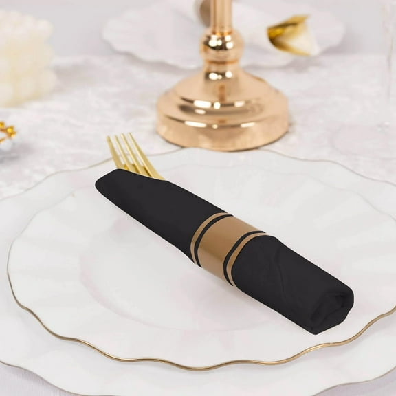 Efavormart Set of 24 Plastic Silverware with Pre-Rolled Black Paper Napkins Gold - Disposable Wrapped Cutlery Set