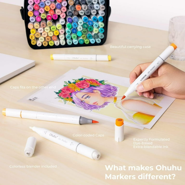 Ohuhu 120 Colors Brush-and-Fine Dual Tips Alcohol-Based Markers