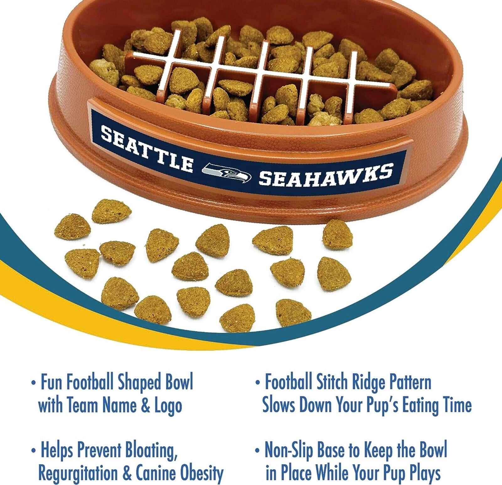 Pets First NFL Seattle Seahawks Super-Bowl Slow Feeder Bowl for Dogs and Cats, Football Design for Healthy Digestion, Non-Slip, for Large & Small Pet