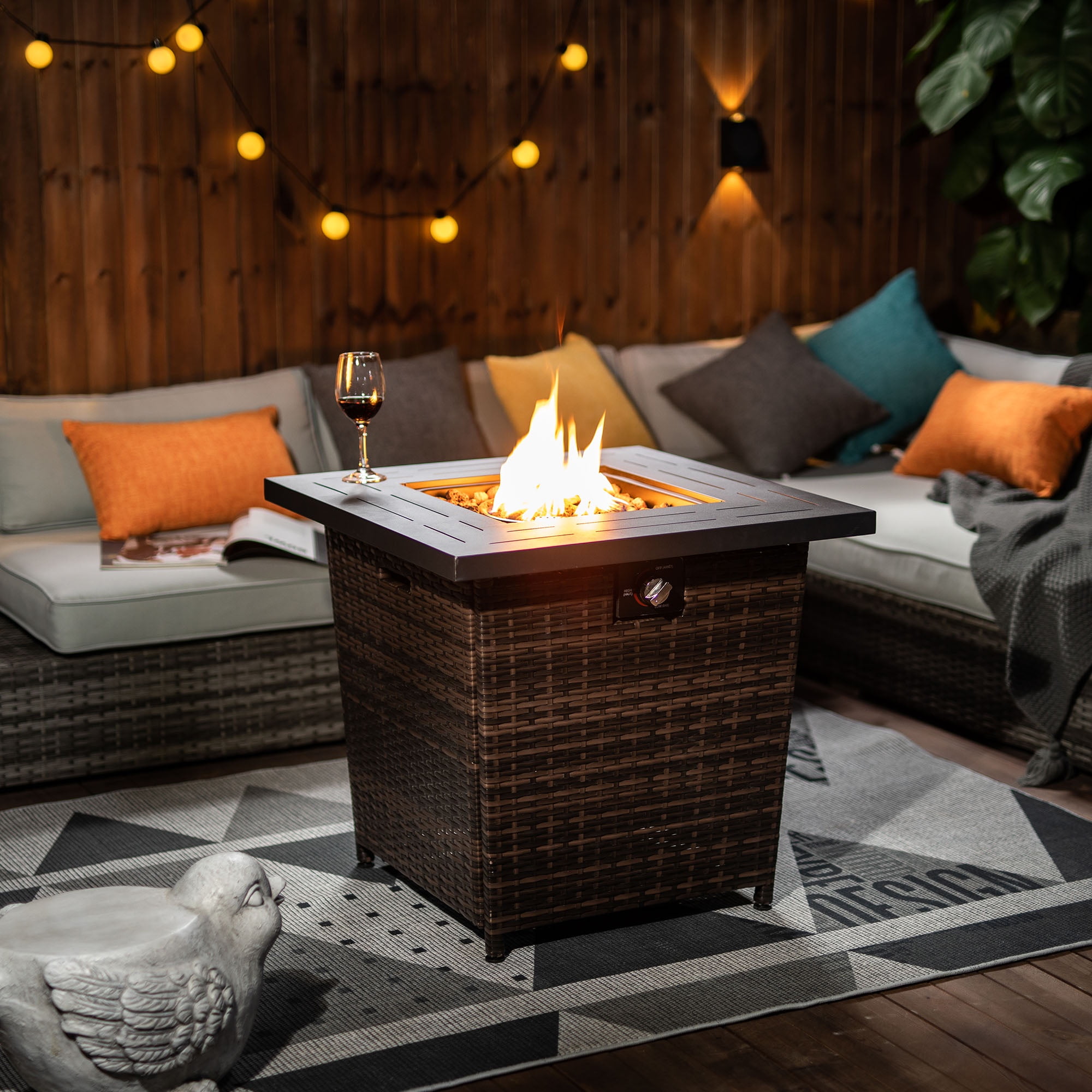 28" Propane Fire Pit Table, 50,000 BTU Square Gas Fire Pit, Heavy-Duty Steel with Lid,Heavy-Duty Steel & Rattan Base, Perfect for Backyard, Patio, Garden & Parties