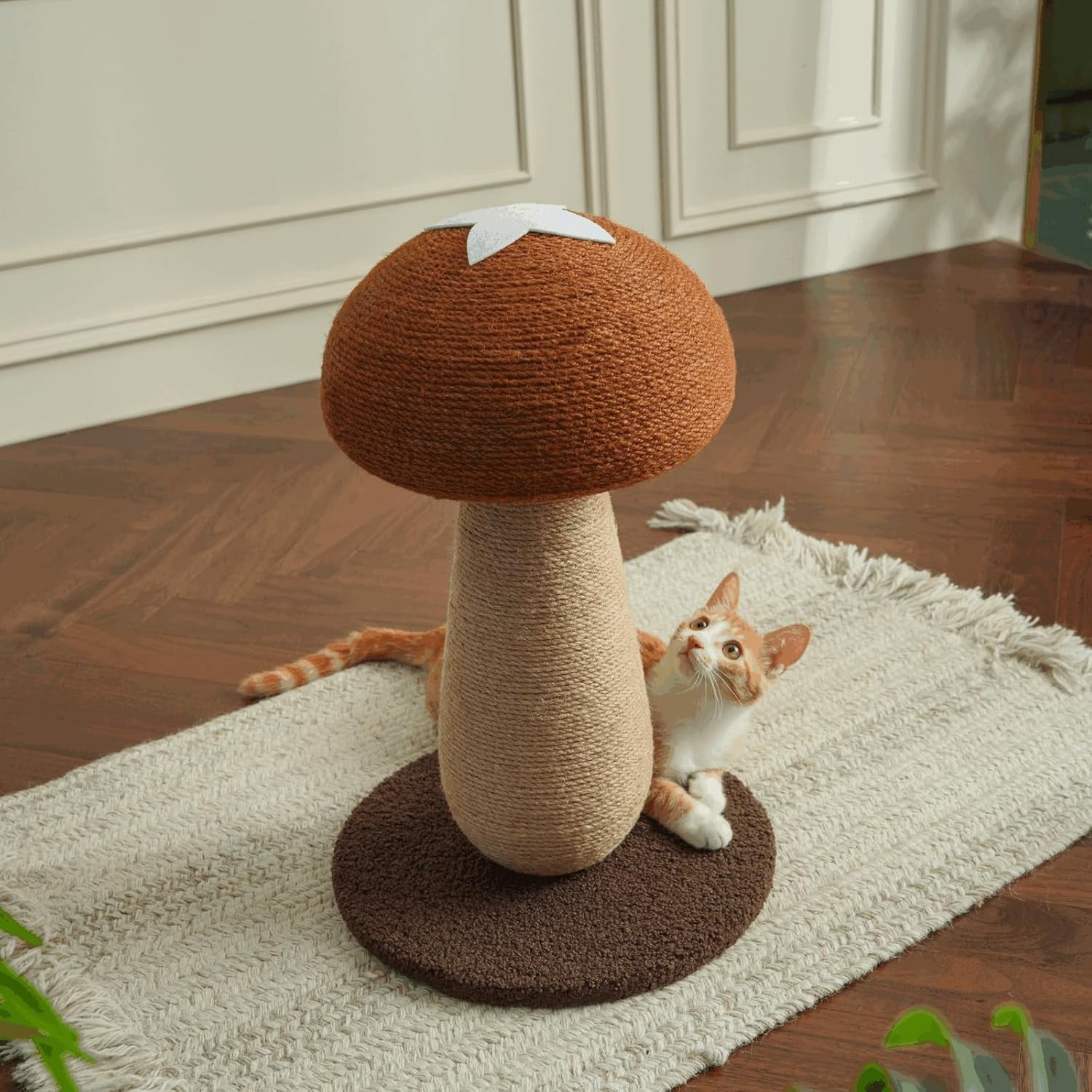 Amgo Brown Adorable Mushroom Cat Scratching Post, Cat Toys for Indoor Cats with Durable Sisal Rope for Cat Scratcher, Cozy Plush Base