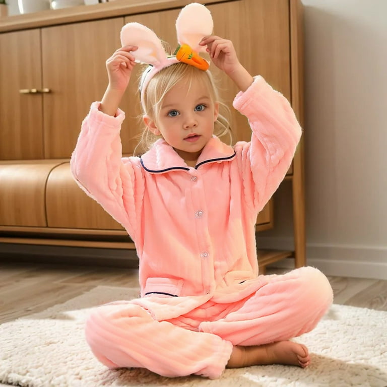 Child Fleece Pajama Sets Button Down Long Sleeve Shirt And Long