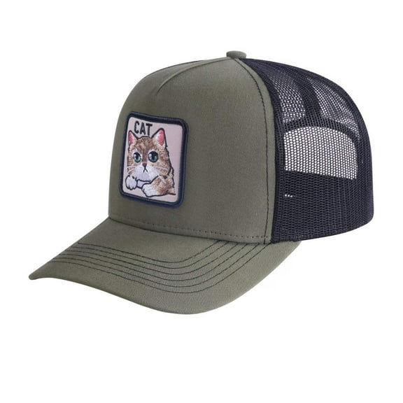 Unisex Embroidered The Cat, 5-Panel Trucker Hat, Olive Green/Black, Adjustable Fit