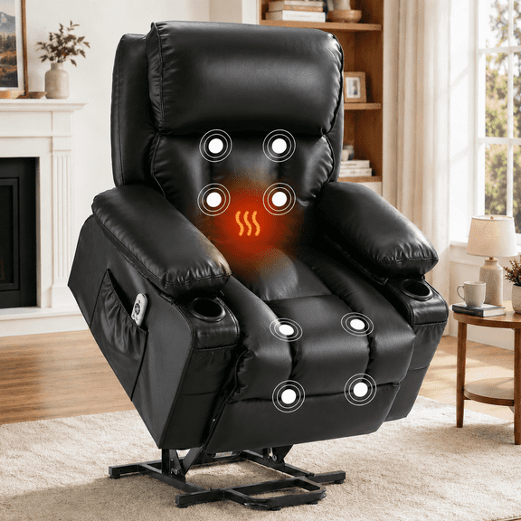 Lift Recliner Chair, LEGAHOME Electric Power Lift Recliner for Elderly with Heat Therapy and Massage, Oversized PU Leather Recliner Chair with 23" Wide Seat,Cup Holders, USB Port, Black