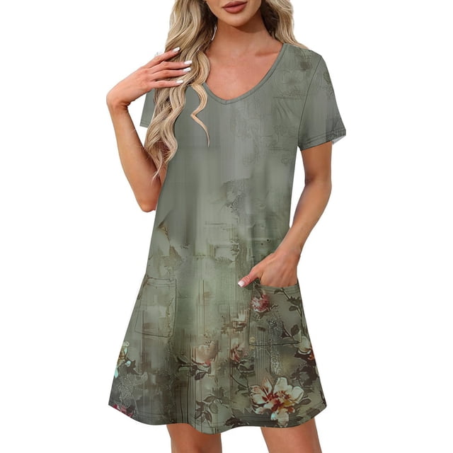 Vestido Corto de Verano Moda Gradiente Corto de Manga en V Cuello Vestido Casual, Poliéster Ligero de Verano, Lavado de Manos